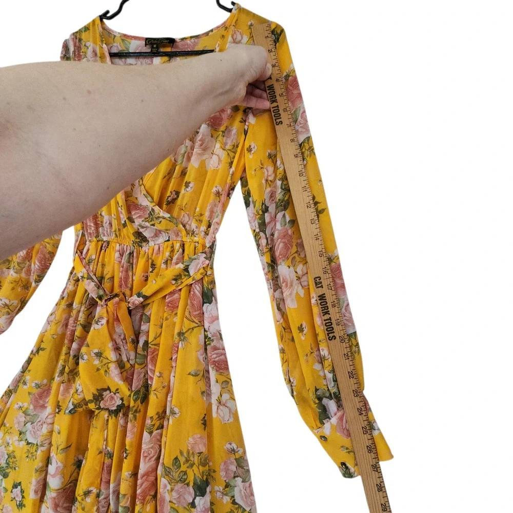 Petal Roz Maxi Dress M Fairy Whimsical Yellow Floral Faux Wrap Long Sleeve‎ Boho
